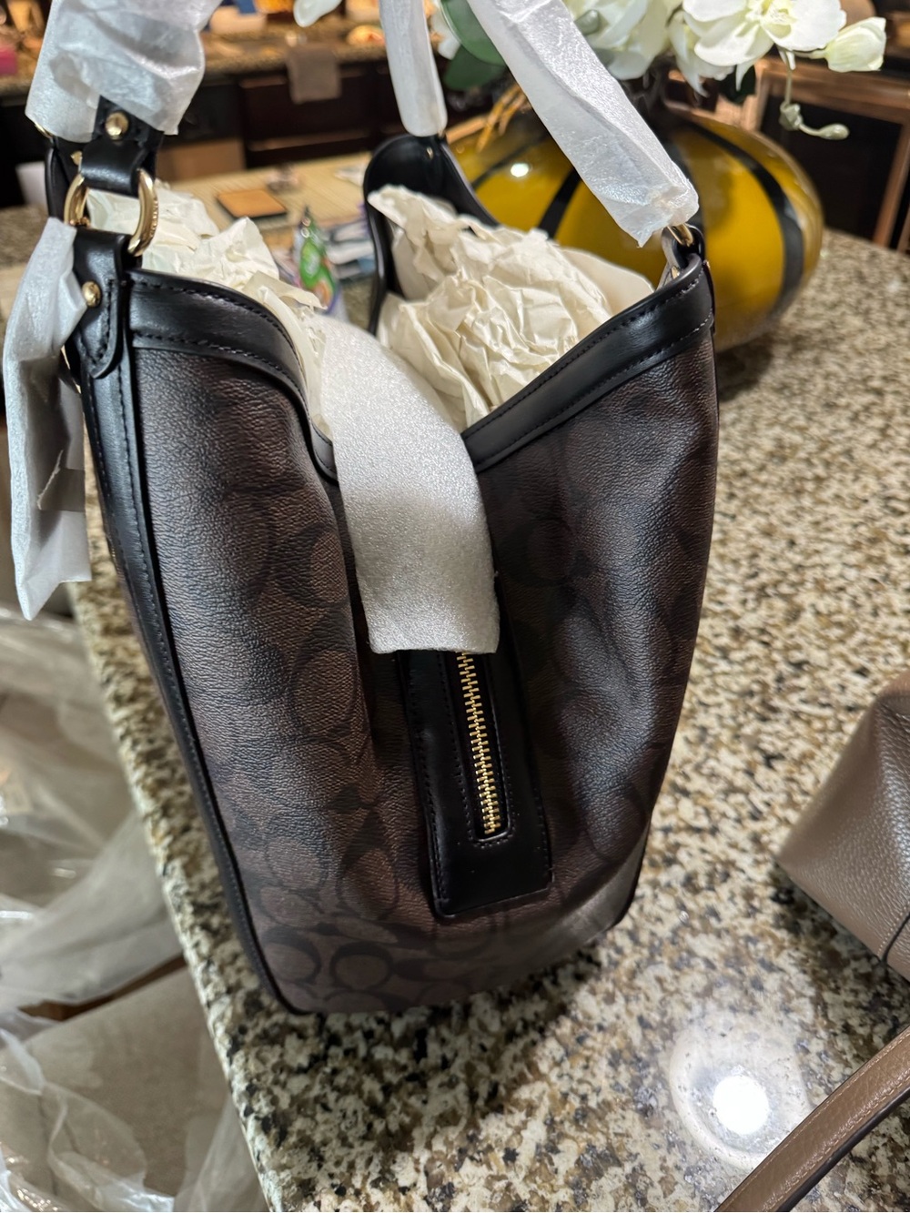 Coach Brown Signature Canvas Shoulder Bag with Black Trim - Picture 5 of 5